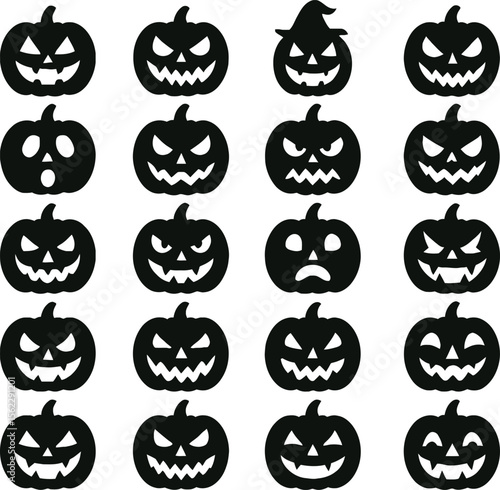 Halloween pumpkin icon set with spooky and fun carved faces in cartoon style