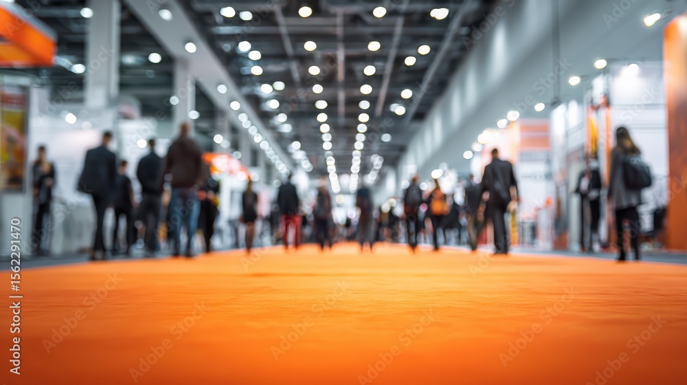 Blurred trade show hall with orange carpet. People walking on defocused background in large exhibition center. Trade fair business marketing exposition. International business negotiation incentive Blurred trade show hall with orange carpet. People walking on defocused background in large exhibition center. Trade fair business marketing exposition. International business negotiation incentive