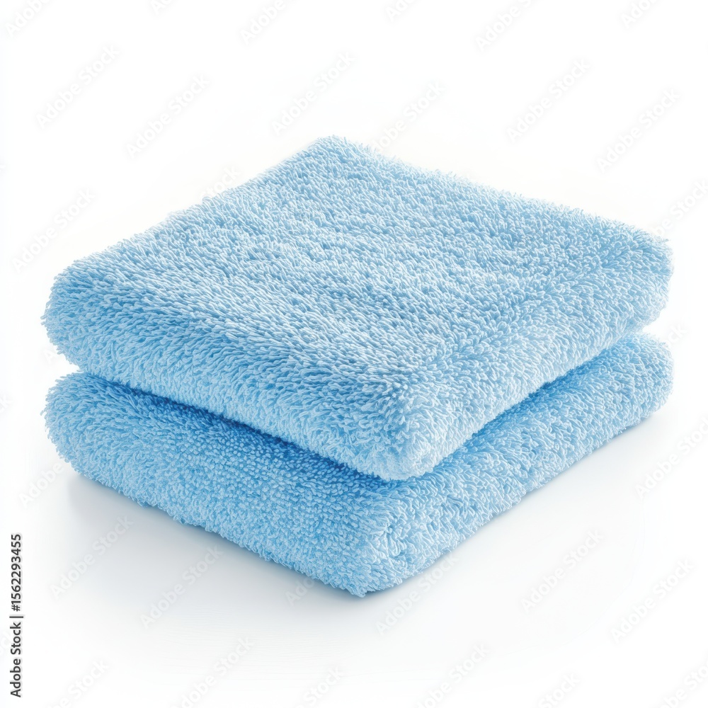 Two soft blue fluffy towels stacked neatly isolated on white background Two soft blue fluffy towels stacked neatly isolated on white background