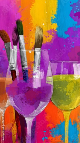 Art and Wine Night Banner | Paintbrushes, Wine Glasses & Colorful Paint Splashes | Sip and Paint Event Poster, Creative Workshop Flyer Design
