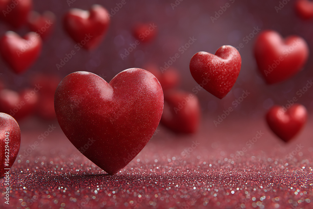 Fototapeta premium Red hearts sparkling glitter background romantic love