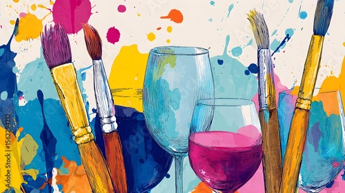 Art and Wine Night Banner | Paintbrushes, Wine Glasses & Colorful Paint Splashes | Sip and Paint Event Poster, Creative Workshop Flyer Design