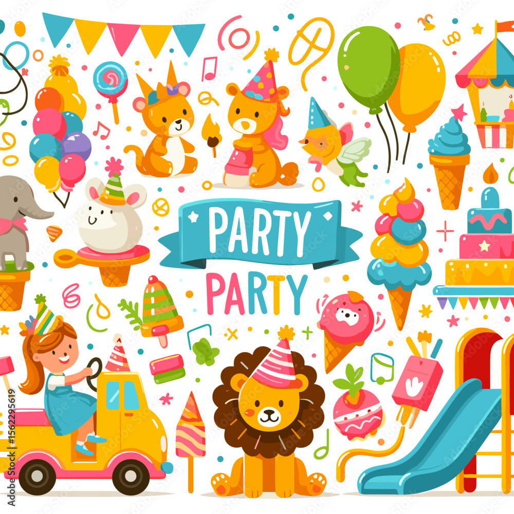 Fototapeta premium Colorful children's party illustration featuring animals, balloons, and fun festive elements in a joyful atmosphere