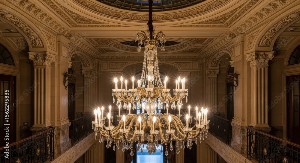 Fototapeta premium Grand Chandelier Illuminating Ornate Hallway with Intricate Details and Classic Architecture