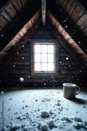 A cozy attic scene with a mug of warmth amidst falling snow viewed through a bright window