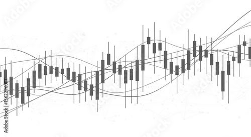 Stock market chart with candlestick pattern and fluctuating lines, showing financial data on a white background.