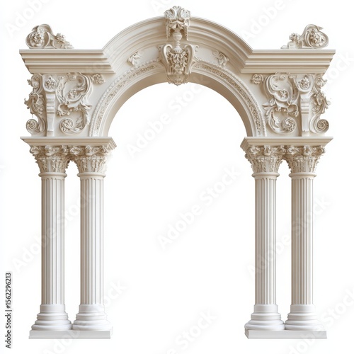 Ornate classical archway with columns isolated on white background
