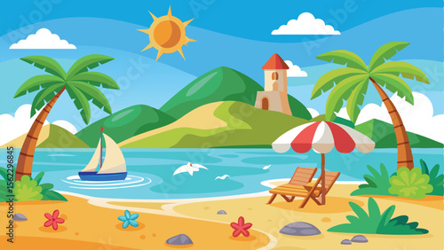 Cartoon Beach Scene with Palm Trees, Sailboat, Loungers and Distant Building