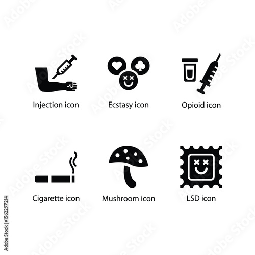 Injection, Ecstasy, Opioid, Cigarette, Mushroom, LSD icon