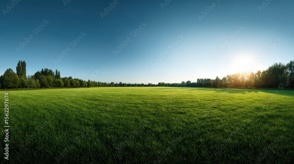 Obraz premium A panoramic shot of a green pasture glowing under the afternoon sun, the vibrant summer grass stretching out to the horizon, dappled with sunlight and surrounded by distant trees