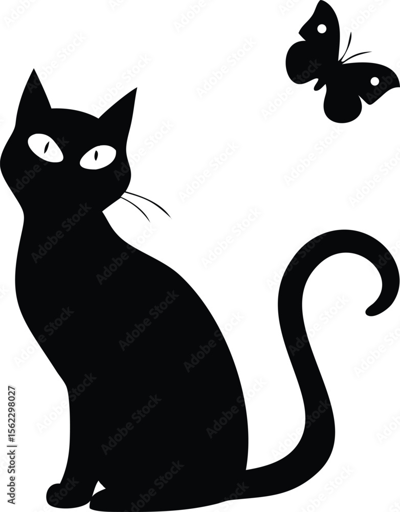 Fototapeta premium black silhouette of a sitting cat looking at a flying butterfly