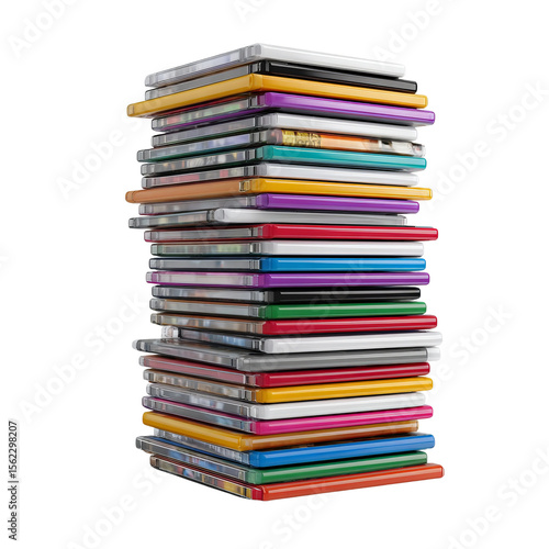 Stacked DVD cases: a visual symphony of colors in a neatly arranged tower, representing a media collection, capturing the essence of home entertainment and cinematic experiences.