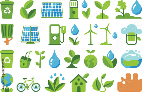 Eco-friendly icon set with renewable energy, recycling, and sustainability symbols vector illustration.
