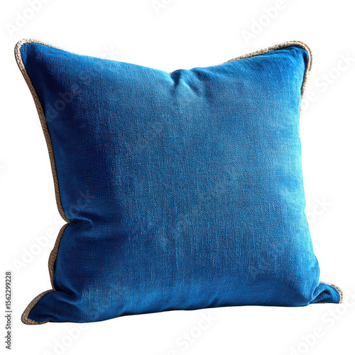Plush blue throw pillow with contrasting piping isolated on transparent background