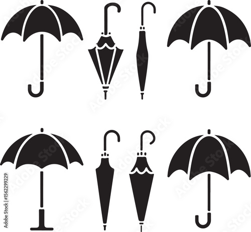 Different shape black umbrella icon set. open umbrella for rainy weather or sunshade vector illustration on white background