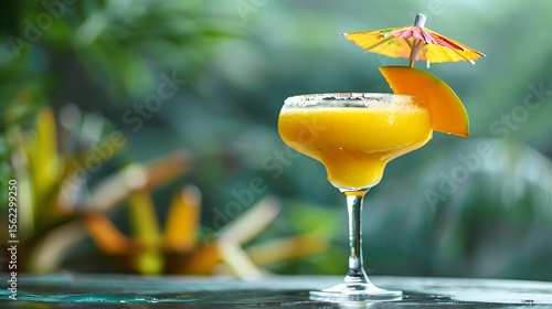 A mango daiquiri served in a frosty glass, garnished with a slice of mango and a cocktail umbrella, offering a tropical twist on a classic cocktail