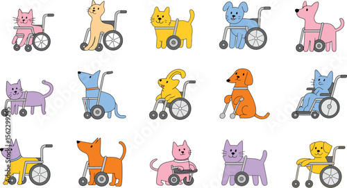 Disabled pets in wheelchairs illustration, cute cat and dog with mobility aids, animal care artwork
