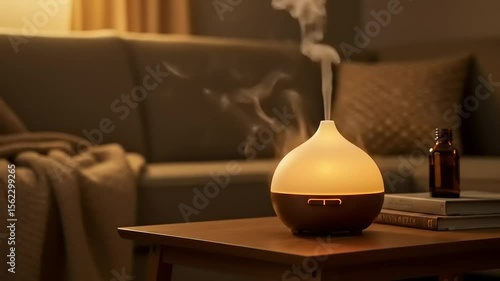 Cozy living room scene featuring an essential oil diffuser emitting steam, with a soft blanket and amber bottle nearby