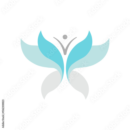 A graceful logo of a human figure with outstretched arms emerging from abstract, layered light blue and gray wing-like shapes, suggesting freedom and well-being