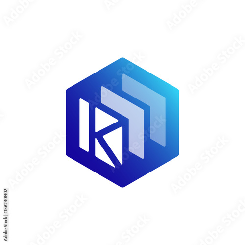 A blue gradient hexagonal logo with a geometric "K" integrated with layered, abstract shapes suggesting motion or progression