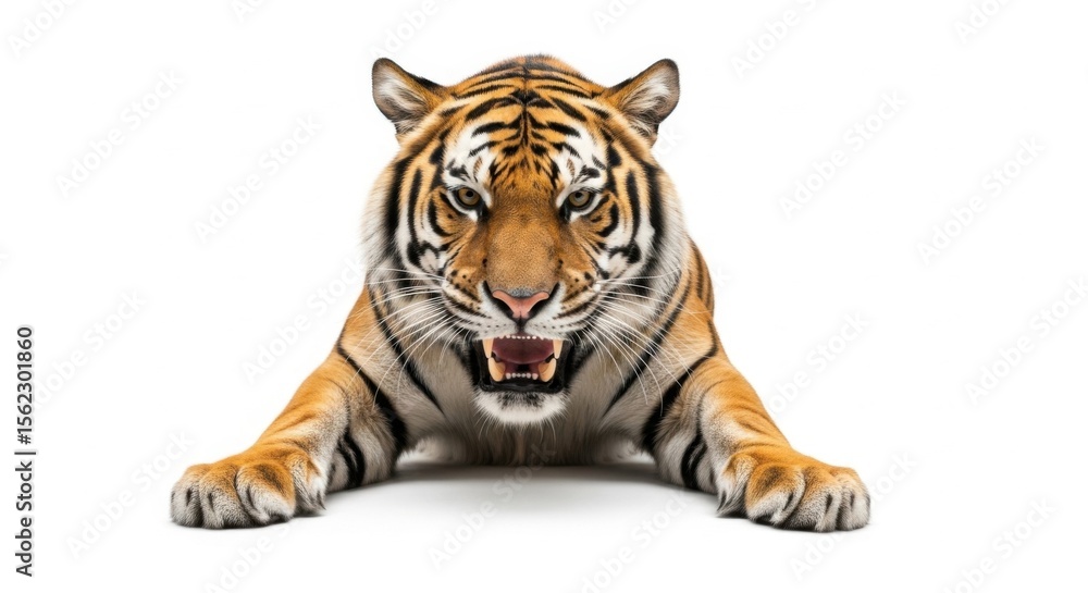 Obraz premium Close up of a majestic tiger with its mouth open and teeth showing ready to pounce on a white background