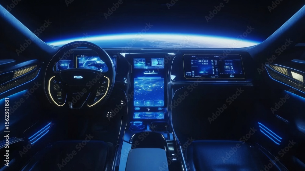 Fototapeta premium Spaceship interior. View on open space or planet. Futuristic sci-fi laboratory or corridor with neon light.
