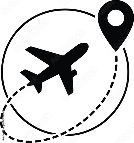 Dotted flight path connecting global destinations with aircraft travel