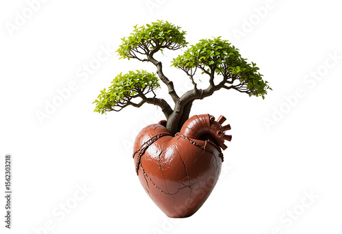 Surreal pot shaped like a human heart growing bonsai branches, white backdrop.