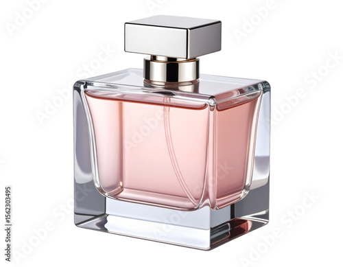 Minimalist Square Glass Perfume Bottle with Silver Cap, isolated on transparent background