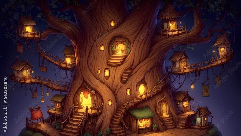 Obraz premium Enchanted tree village illuminated by warm lights at twilight