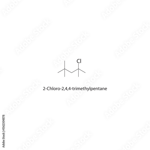 2-Chloro-2,4,4-trimethylpentane skeletal structure. Halogenated alkane compound schematic illustration. Simple diagram, chemical formula.