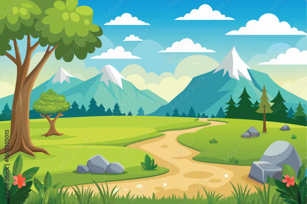Obraz premium Serene Mountain Meadow Landscape A Picturesque Path Through Nature's Beauty