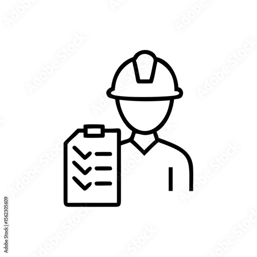 Line art a construction worker holding a clipboard with check marks engineer helmet