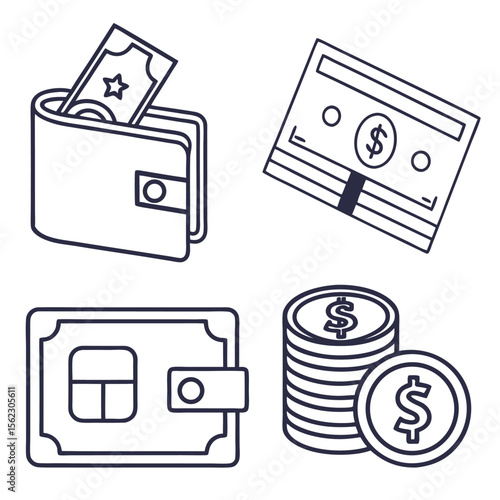 Outline drawing showing a wallet with cash, money stack, credit card and a stack of coins isolated