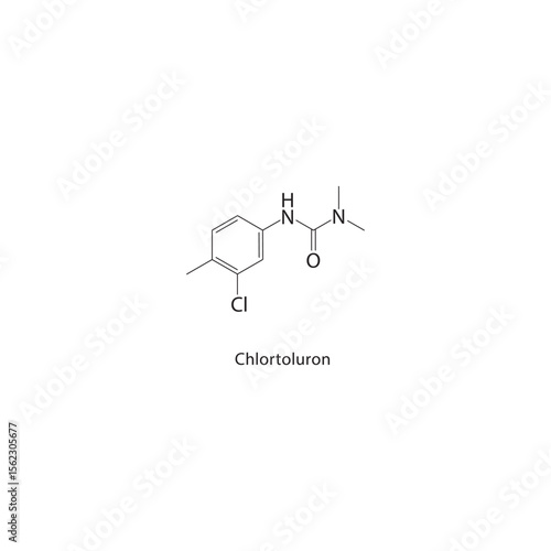 Chlortoluron skeletal structure. Urea herbicide compound schematic illustration. Simple diagram, chemical formula.