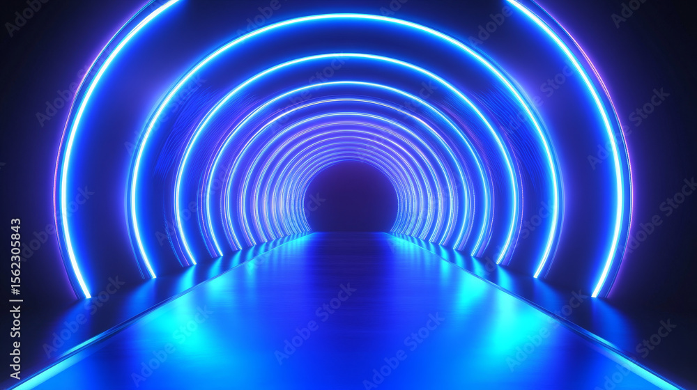 Obraz premium Neon sci-fi futuristic alien spaceship interior featuring vibrant blue glowing lines and laser beams.