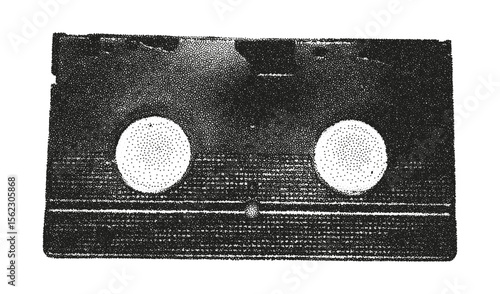 Trendy halftone monochrome stipple element of VHS tape back view, old analog video cassette. Grunge punk vintage dotted texture for y2k collage design. Retro photocopy vector illustration