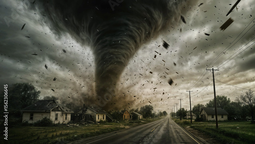 A terrible tornado tears through a small town, scattering debris and destroying buildings under a dark, stormy sky