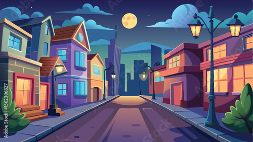Cartoon Street Scene at Night with Houses, Moon, and Illuminated Streetlights