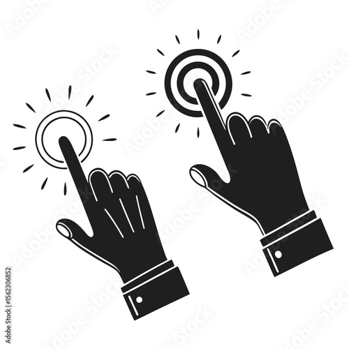 a vector illustration depicting two distinct black hand icons; the left icon shows a pointing index finger with radiating short lines suggesting a touch or click, while the right icon displays the sam