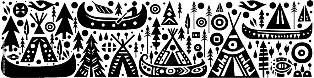 Hand‑Drawn Tent and Boat Illustration, Tribal Outdoor Folk Art Pattern Vector for Camping and Nautical Adventure Themes Design Hand‑Drawn Tent and Boat Illustration, Tribal Outdoor Folk Art Pattern Vector for Camping and Nautical Adventure Themes Design