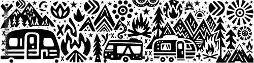 Hand‑Drawn Campervan and Bonfire Illustration, Tribal Outdoor Folk Art Pattern Vector for Camping and Adventure Travel Themes Design