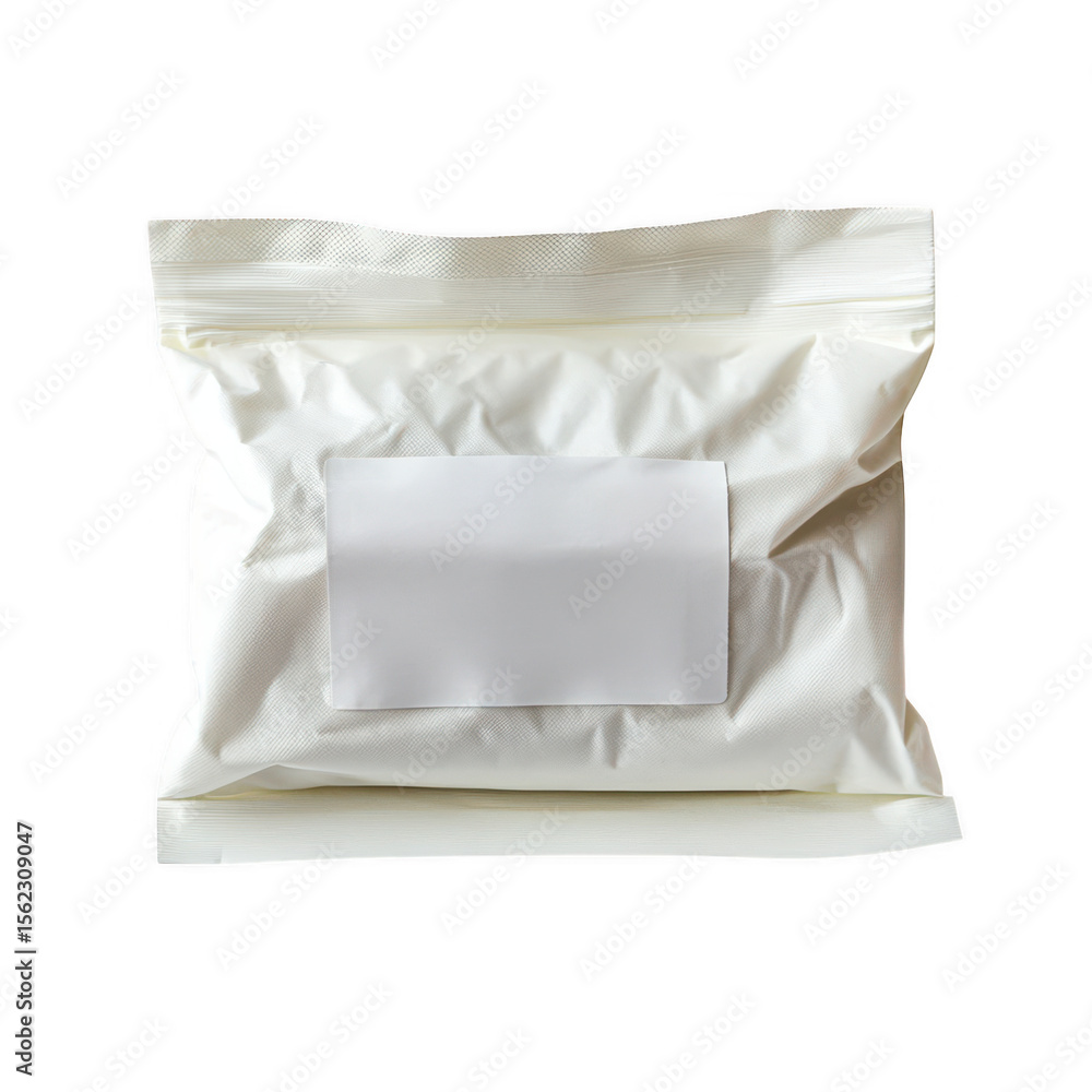 Clean white pouch with blank label isolated on transparent background Clean white pouch with blank label isolated on transparent background