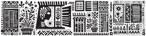 Hand‑Drawn Woman and Window Illustration, Tribal Home Folk Art Pattern Vector for Daily Life and Cultural Adventure Themes Design