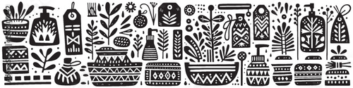 Hand‑Drawn Bathroom Equipment Illustration, Tribal Home Folk Art Pattern Vector for Interior and Hygiene Adventure Themes Design