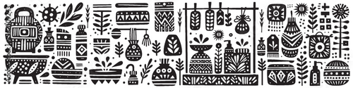 Hand‑Drawn Bathroom Equipment Illustration, Tribal Home Folk Art Pattern Vector for Interior and Hygiene Adventure Themes Design