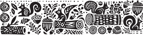 Hand‑Drawn Squirrel and Oaks Illustration, Tribal Forest Folk Art Pattern Vector for Woodland and Nature Adventure Themes Design