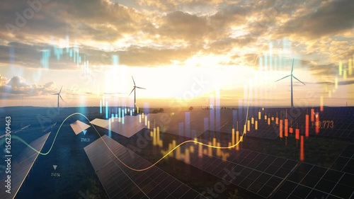 Increase in electricity prices on the world market. Green energy in full development.Investment finance chart,stock market business and exchange financial growth graph.	
