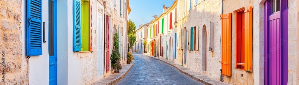 Obraz premium Colorful Shutters on Cobblestone Street,Europe ,Architecture