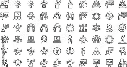 Business conference icons set vector presentation training meeting teamwork